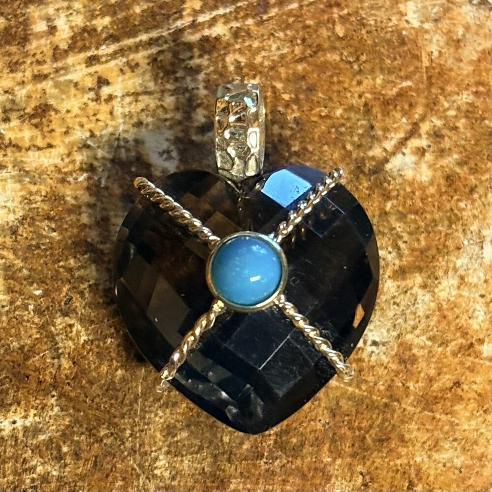 Ross Simons 18K Gold, Smoky Quartz Faceted Heart Pendant w/ Turquoise Center